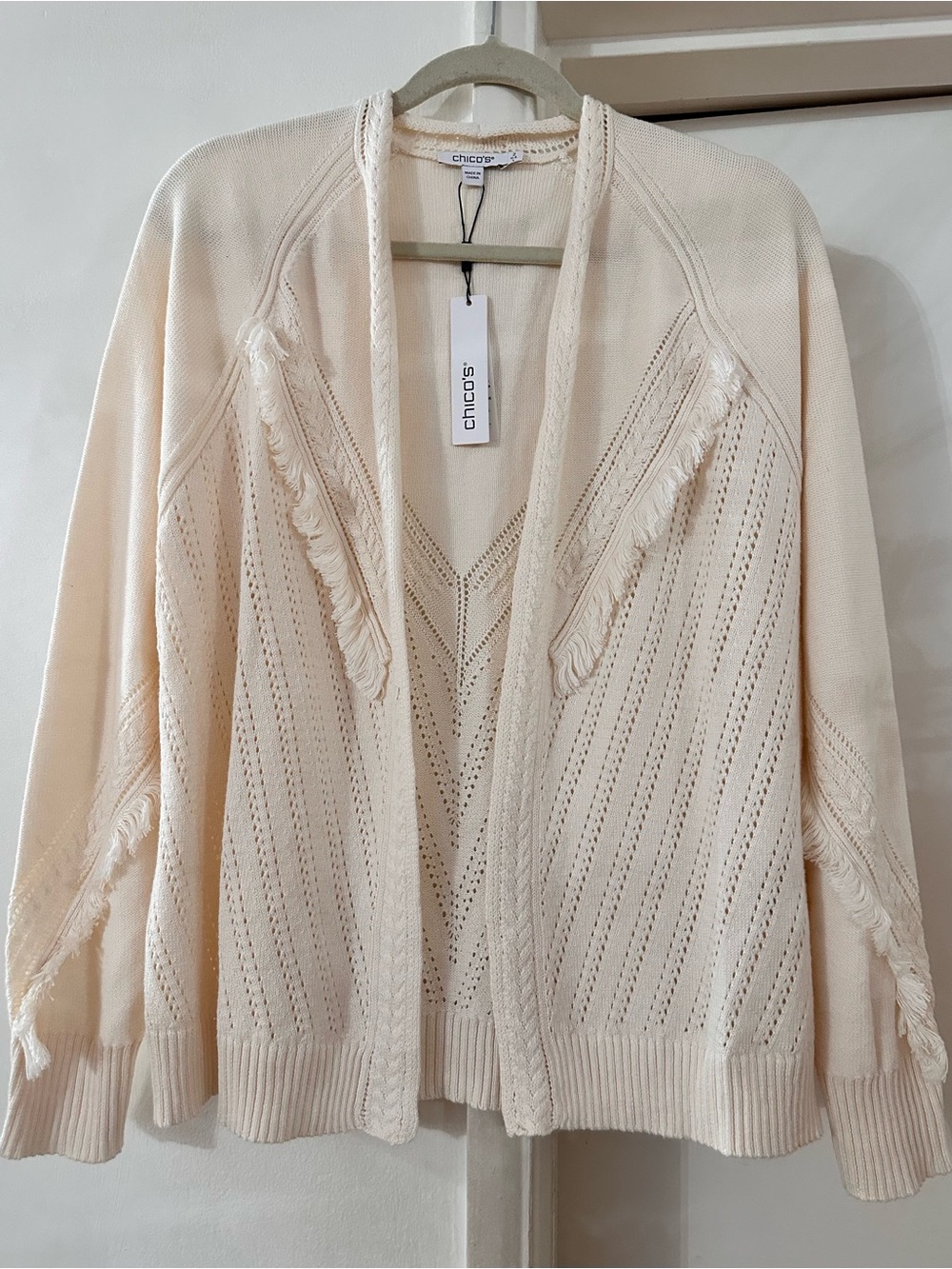 Chico's Cream Open-Front Fringe Cardigan